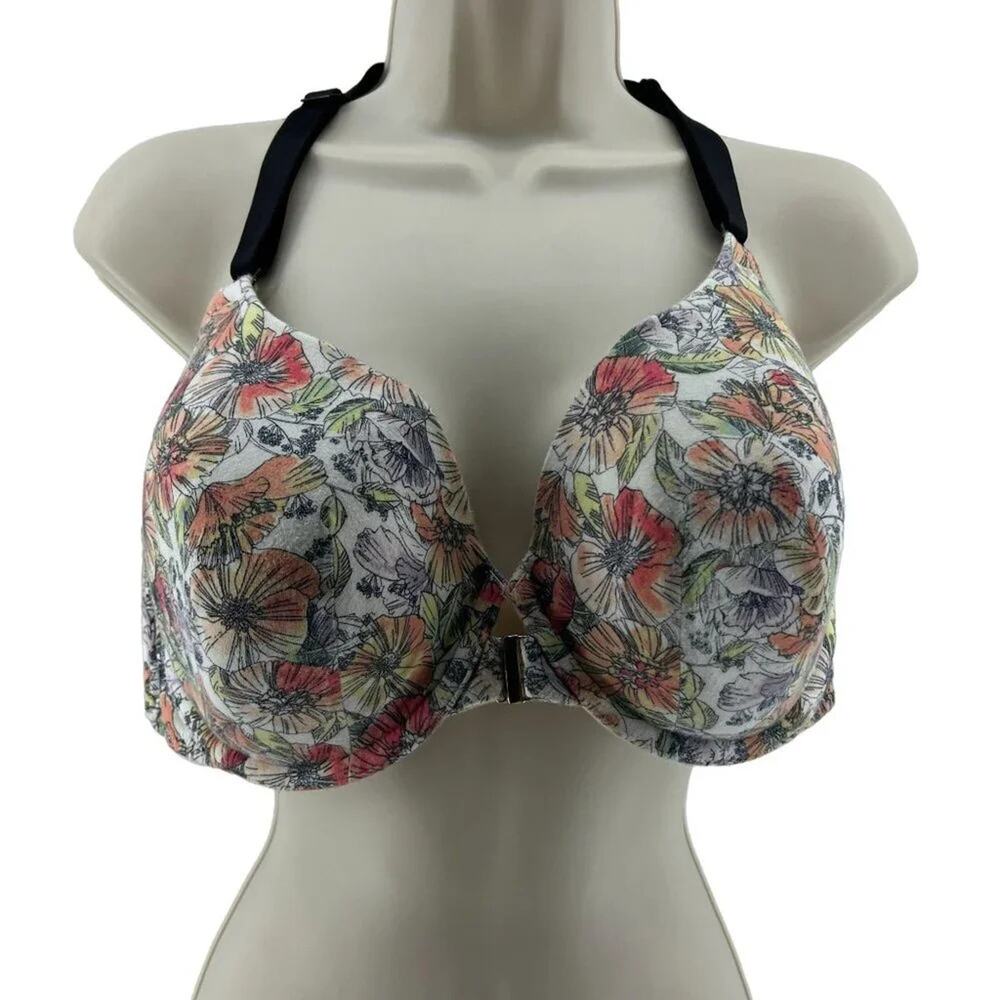 Cacique Lane Bryant White Orange Floral T-shirt Bra Black Lace Back  42D